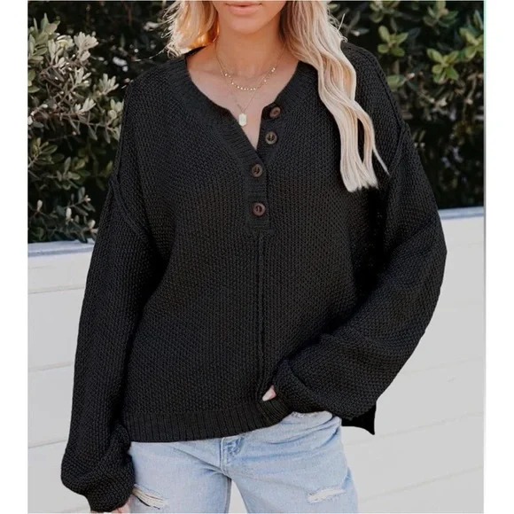 NEW Cable Knit Long Sleeve Button V Neck Pullover Henley Sweater Top Black - Picture 2 of 9